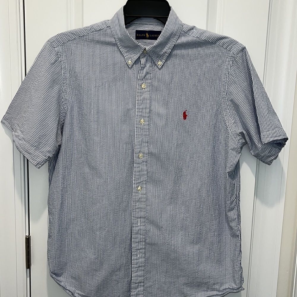 Blue Stripe Polo Ralph Lauren Seersucker w/Red pony SS casual shirt L classic